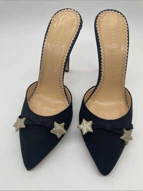 Charlotte Olympia Black Pointed-Toe Mules with Gold Star *Altered* 38